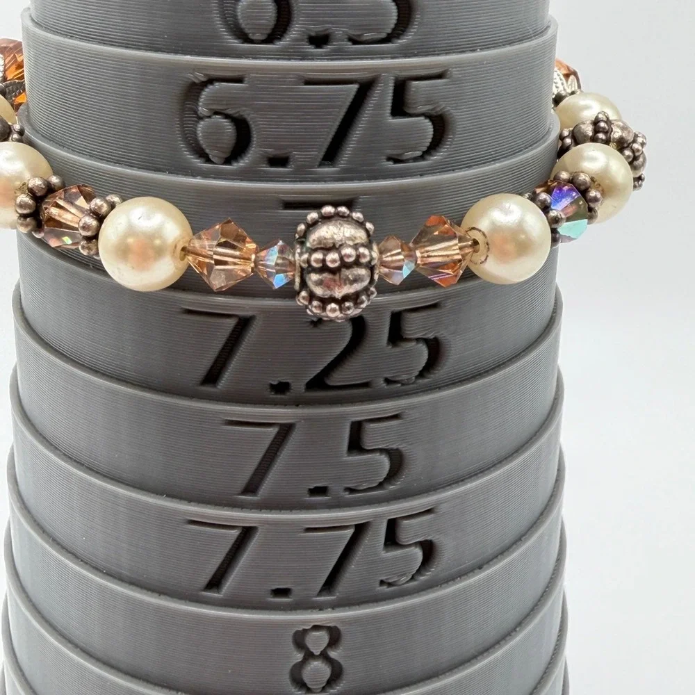 Vintage Style Beaded Cross Toggle Bracelet Cream Pearl Amber Crystal Silver Tone